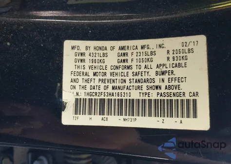 2017 Honda Accord Sport из США, поврежденный, VIN 1HGCR2F53HA165310